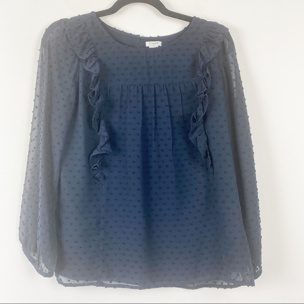 J. CREW FACTORY Blouse Navy Blue‎ Long Sleeve Ruffle Swiss Dot Flowy Top Size 4